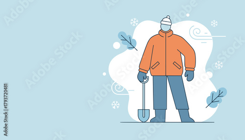 Man shoveling snow in warm winter clothes against a snowy background illustration