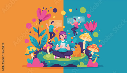 Creative woman managing tasks in a surreal colorful nature scene balancing work and imagination