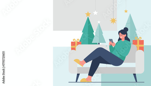 Woman relaxing on a sofa and using a smartphone in a festive Christmas setting