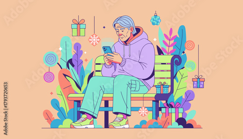 Modern senior uses phone on a bench in a vibrant festive digital illustration for holiday connection