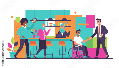 Diverse team collaborating in a modern office promoting inclusion partnership and successful business