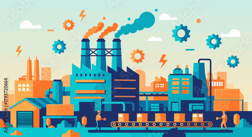 Industrial cityscape illustration with factories smokestacks production line and workers