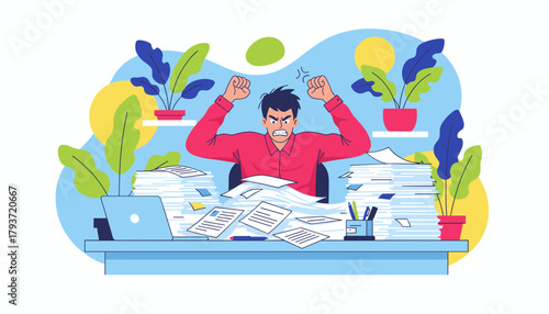 Angry overwhelmed office worker shouting amid huge piles of paperwork Stressful deadline concept