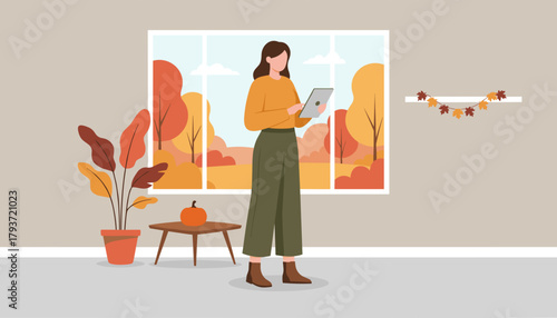 Woman using tablet indoors during autumn with colorful window view and pumpkin decor