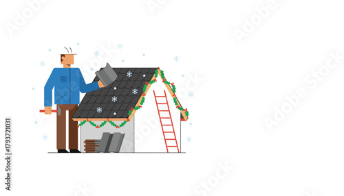 Builder repairs roof during snowy Christmas time Home maintenance and construction services