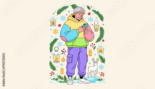 Senior man texting in trendy winter clothes surrounded by festive Christmas and New Year illustrations