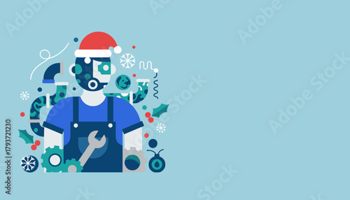 Mechanic robot wearing a Santa hat with wrench and gears Winter technical support illustration