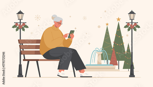 Happy senior woman texting on smartphone in a festive park setting Modern aging and technology