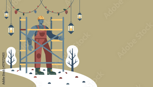 Worker on scaffolding installs Christmas decorations in the snow Seasonal job and preparation concept