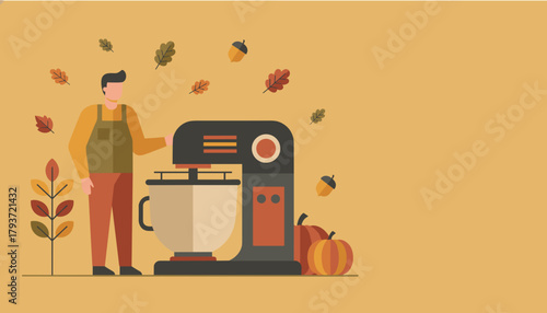 Chef baking autumn desserts with a stand mixer Fall harvest cooking and seasonal preparation