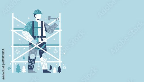 Skilled worker on scaffolding in winter conditions Winter construction and repair illustration