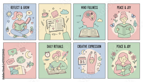 Handdrawn wellness illustrations journaling reading and mindfulness rituals for mental health and growth