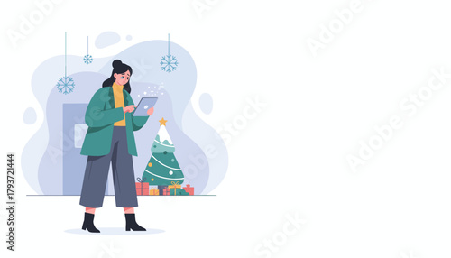 Woman using a tablet for online Christmas shopping near a tree and gifts