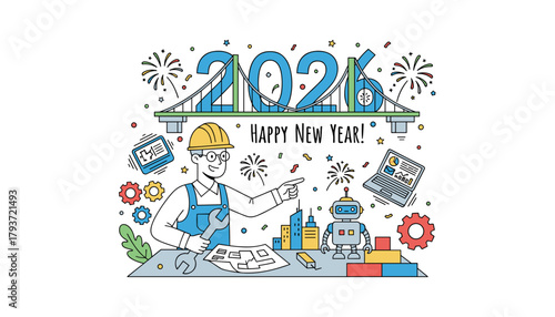 Happy New Year 2026 industrial greeting Engineer robot and tech symbolize innovation and future growth