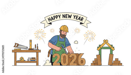 Constructor building the future hammering wooden 2026 numbers for a Happy New Year banner