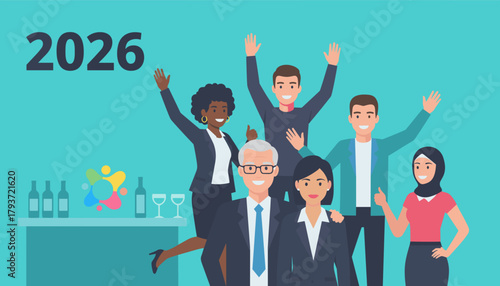 Happy diverse business team celebrating achievement under the number 2026