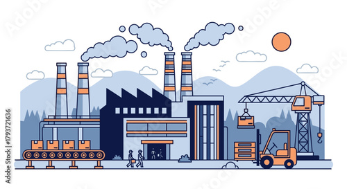 Industrial factory production showing logistics heavy machinery conveyor belt and air pollution