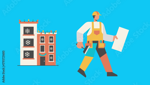 Contractor reviewing plans for holidaydecorated residential buildings