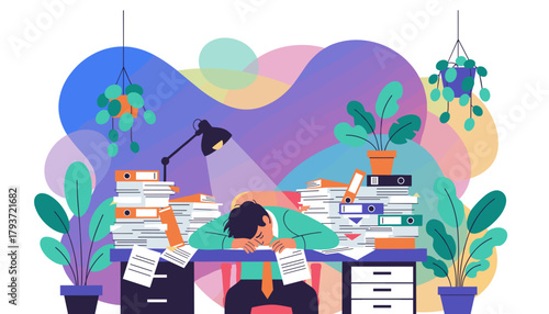 A tired employee sleeps on a desk buried under huge piles of paperwork and files burnout concept
