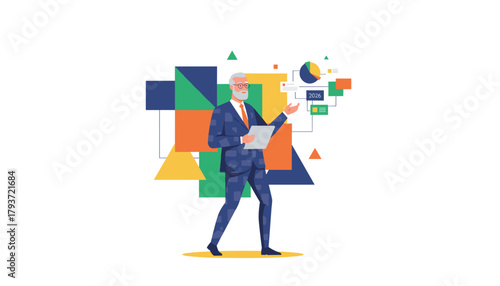 Elderly consultant presenting strategic financial data and tech analysis
