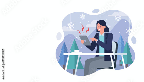 Frustrated businesswoman deals with technology issues on a tablet while working remotely in winter