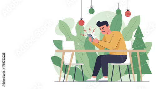 Frustrated man receives bad news on his phone in a decorated setting holiday stress concept