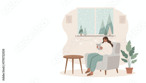 Cozy woman uses tablet at home during winter holidays Remote work reading or entertainment concept