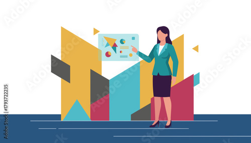 Businesswoman presents data and financial analysis charts in a colorful abstract modern business setting