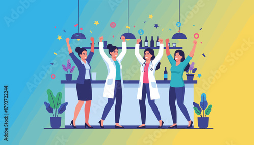 Joyful professional team doctors executives celebrating achievement and female success