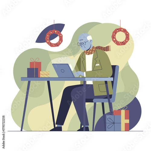Senior man using laptop at desk surrounded by holiday gifts and wreaths Ecommerce or remote work