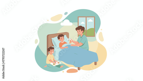 Home care Father uses a thermometer on his ill son showing family support and health