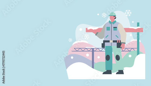 Construction worker standing in cold winter weather with snow falling Industry labor concept
