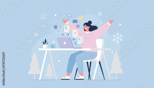 Joyful woman successfully finishes remote work tasks at her desk during a snowy winter