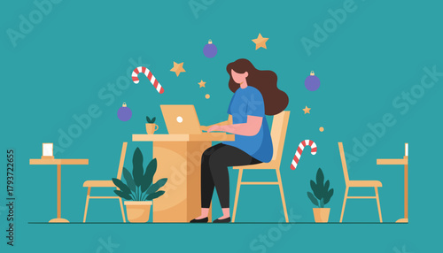 Woman working remotely on a laptop surrounded by festive Christmas decorations Holiday freelancer