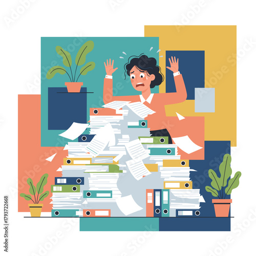 Overwhelmed office worker buried under a massive pile of documents symbolizing stress and burnout