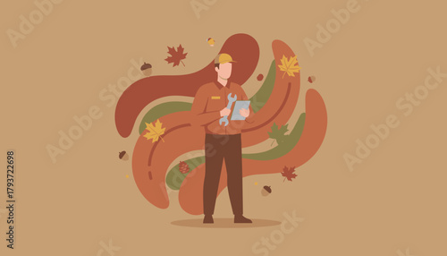 Technician holding wrench and checklist in an autumnthemed illustration Seasonal service concept