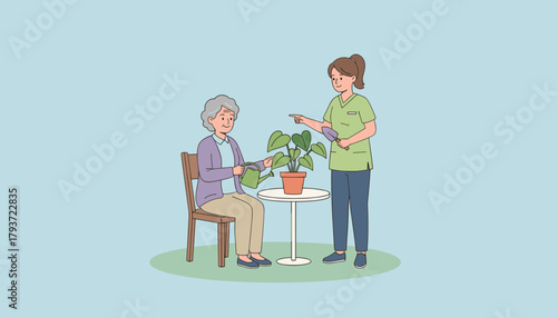 Caregiver helps senior woman enjoy gardening promoting elder care therapy and leisure activities