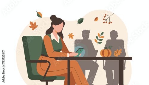 A businesswoman uses her phone at a fallthemed meeting mixing work and seasonal concepts