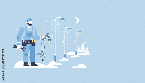 Electrician preparing winter holiday lights outdoors on a snowy evening Seasonal service
