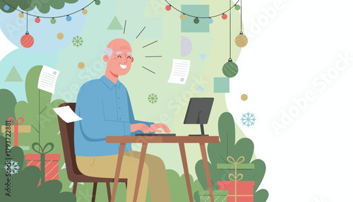 Happy senior man working remotely during the Christmas season Flat vector illustration