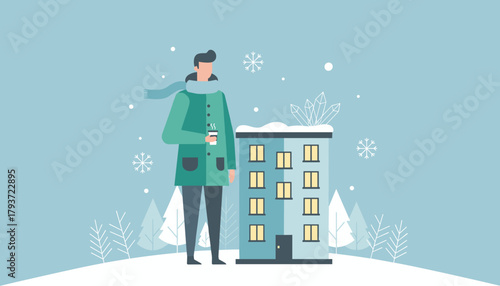 Urban winter scene Man with coffee cup standing near an apartment building in the snow