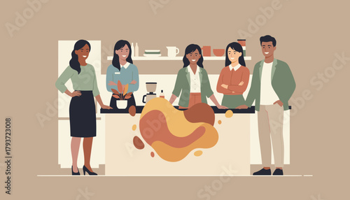 Diverse team meeting in the office kitchen promoting teamwork and professional collaboration
