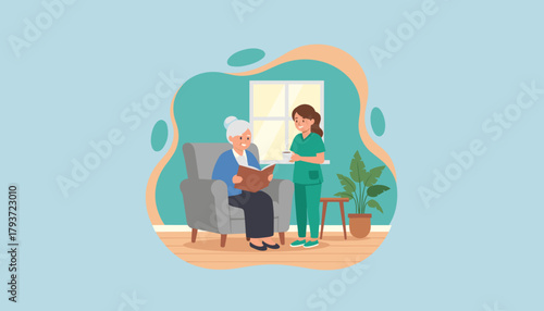 Nurse assists happy senior woman reading a book Home care assistance and compassionate service