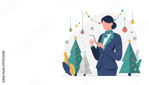 Professional woman uses a smartphone among festive holiday decorations and Christmas trees