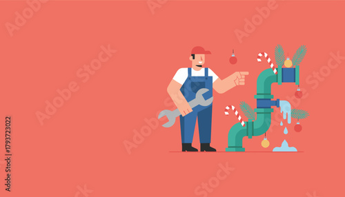 Plumber holding wrench fixes a leaky Christmasdecorated pipe