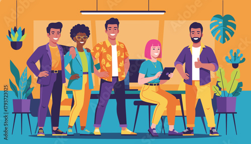 Diverse team of happy colleagues collaborating in a vibrant modern office environment