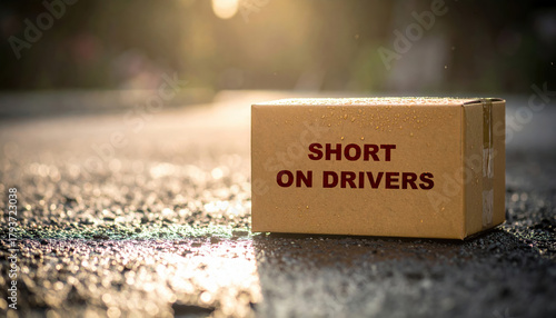 Conceptual image of box on street symbolizing driver shortages. difficult labor market faces serious challenges impacting delivery service and economy