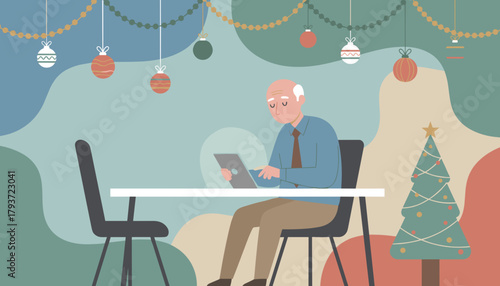 Senior man using tablet device alone during holiday season Digital connection and loneliness concept