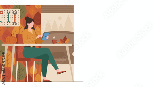 Autumn work or leisure Woman using tablet by fall decor coffee and DIY tools