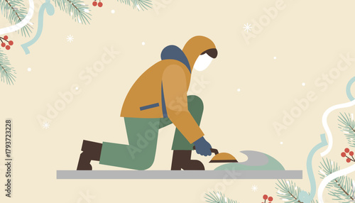 Flat illustration of a player curling a stone on ice in a festive winter holiday background